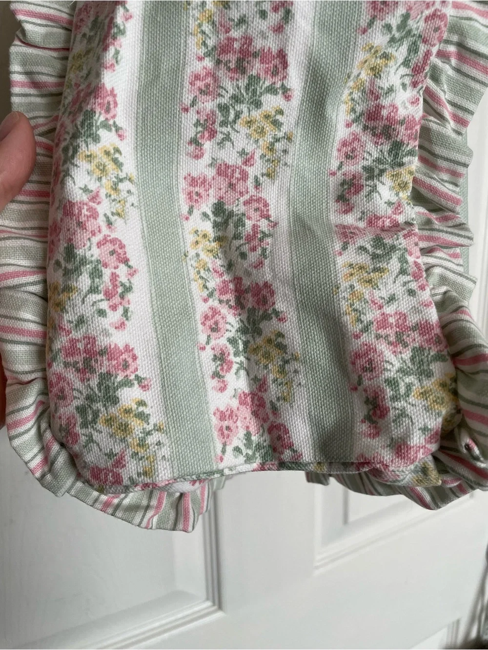 NWT Laura Ashley Mayhill Green Pink Floral w Sage Stripes Canvas Ruffle Tote Bag